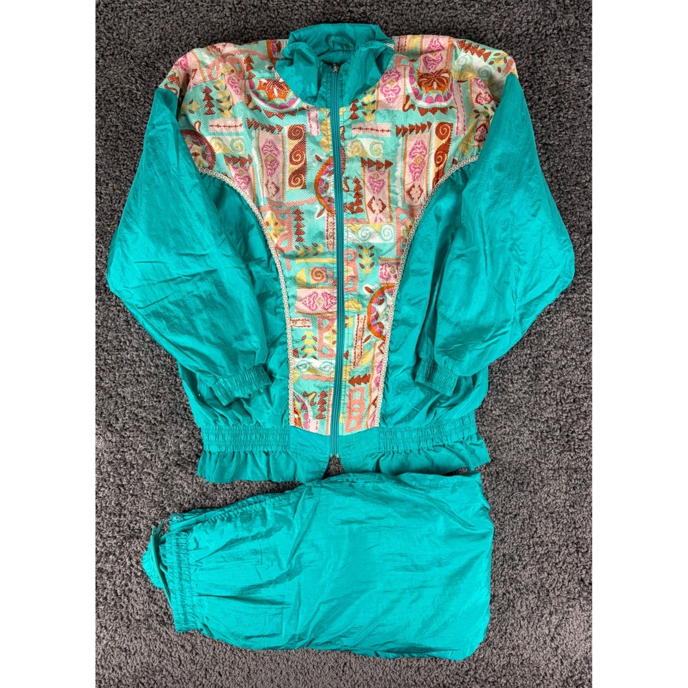 Vintage 80s Casual Isle Teal Nylon Track Suit 2 Piece Set Jacket Pants Large